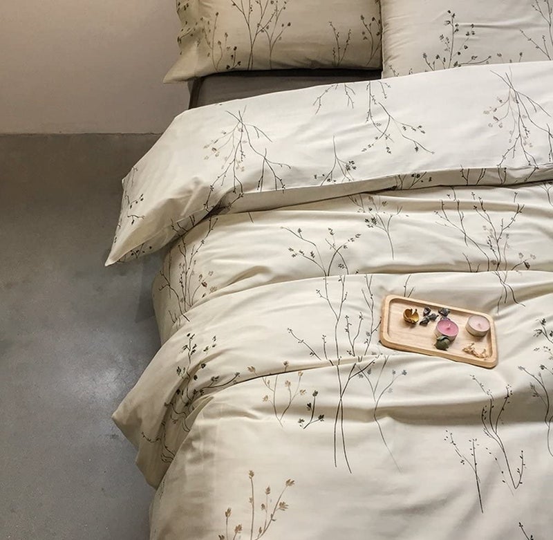 Eikei Modern Vintage Retro Mod Print Bedding Egyptian Cotton Duvet Cover Set Minimalist Chic Botanical Design Asian Zen Style Reversible Pattern in Full Queen or King Size (Queen, Neutral Tan) - Image 1